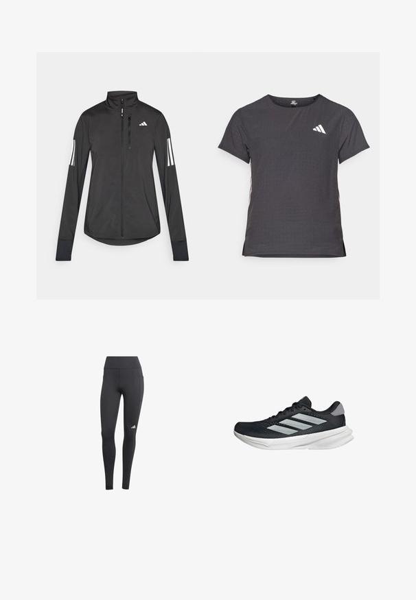Musta urheilutakki, joka on valmistettu kevyestä materiaalista. Ominaisuuksiin kuuluu etuvetoketju, korkea kaulus ja kolme valkoista raitaa joka hihassa.; Lyhythihainen urheilupaita, tummanharmaa, jossa on reikäkudot. Ominaisuuksina valkoinen logo ja kontrastiväriset sivusuunnat. Pyöreä pääntie.; Mustat urheilulegginsit korkealla vyötäröllä, joissa on sivutasku ja valkoinen logo vasemmassa alareidessä. Materiaali näyttää hengittävältä.; Musta juoksukenkä, jossa on verkko-osa ylhäällä, kolme hopeista raitaa, valkoinen välipohja ja teksturoitu pohja. Varustettu pehmustetulla nilkkaremmeillä ja nauhakiinnityksellä.