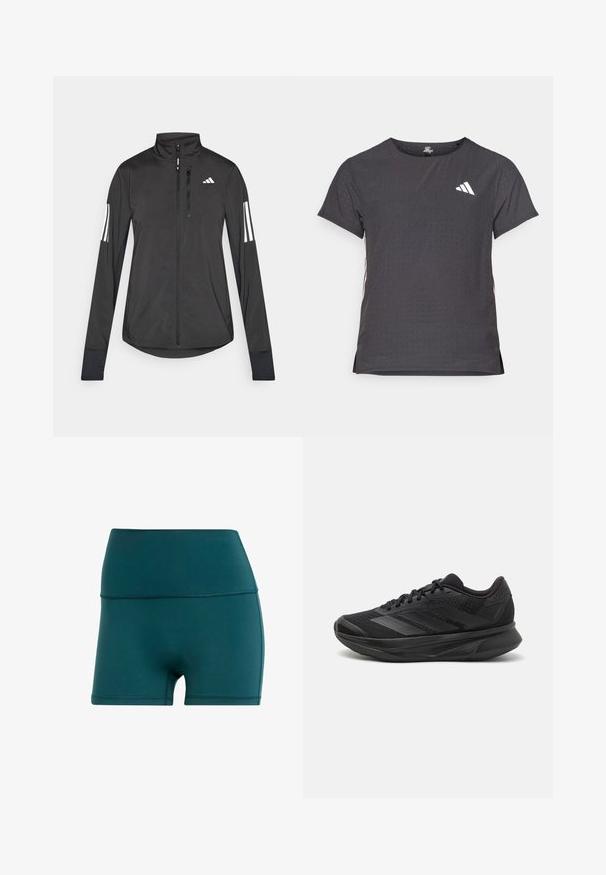 Veste de sport noire en matériau léger. Dotée d'une fermeture éclair sur le devant, d'un col haut et de trois rayures blanches sur chaque manche.; T-shirt de sport à manches courtes, gris foncé avec une texture perforée. Présente un logo blanc et des rayures latérales contrastantes. Encolure arrondie.; Shorts de sport teal en matériau lisse et extensible. Taille haute avec coutures plates, présentant une coupe ajustée et une longueur mi-cuisse.; Chaussure de course noire avec une tige en maille respirante, un bout arrondi, un design épuré, des accents texturés et une semelle rembourrée pour le confort.