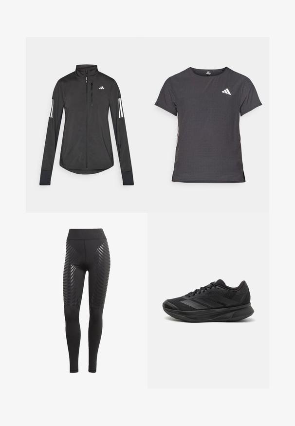 Black athletic jacket made of lightweight material. Features a front zipper, high collar, and three white stripes on each sleeve.; Short-sleeve athletic t-shirt, dark gray with perforated texture. Features a white logo and contrasting side stripes. Rounded neckline.; Black leggings featuring a high waistband, made of stretchy material, with glossy black wave patterns down the sides for added detail.; Black running shoe with a breathable mesh upper, rounded toe, sleek design, textured accents, and a cushioned sole for comfort.