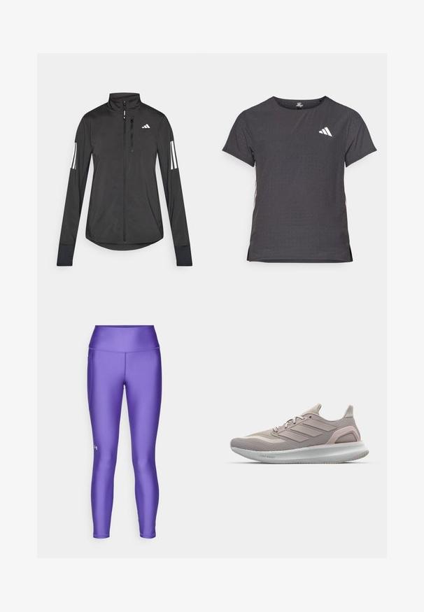 Melnā sporta jaka, izgatavota no viegla materiāla. Tajā ir priekšējais rāvējslēdzis, augsta apkakle un trīs baltas svītras katrā piedurknē.; Īsām piedurkņu sporta T-krekls, tumši pelēks ar perforētu tekstūru. Iespējots ar baltu logotipu un kontrastējošām sānu svītrām. Apaļa kakla izgriezums.; Violeta sporta legingi, izgatavoti no gludas, elastīgas auduma. Iezīmē augsta josta un neliels logotips apakšējā labajā kājā.; Vieglu sporta apavi gaiši rozā un pelēkā krāsā ar elpojošu adītu augšdaļu, ar trim sānu svītrām un mīkstu baltu zoli.