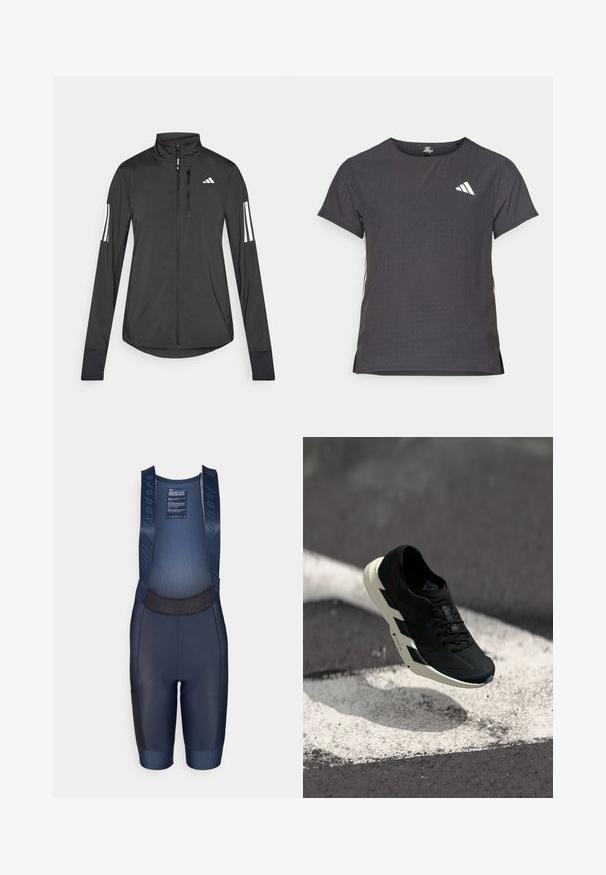 Giacchetto sportivo nero realizzato in materiale leggero. Presenta una chiusura frontale con zip, colletto alto e tre strisce bianche su ciascun manica.; T-shirt atletico a maniche corte, grigio scuro con texture perforata. Presenta un logo bianco e strisce laterali a contrasto. Girocollo.; Salopette da ciclismo blu navy realizzata in tessuto elasticizzato, con fondello imbottito, parte superiore in rete e accenti neri sulle gambe e nelle tasche laterali.; Scarpa sportiva nera con suola bianca a zig-zag sospesa sopra l'asfalto con segnali stradali bianchi e sporco sparso.