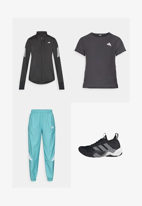 Chaqueta deportiva negra hecha de material ligero. Cuenta con una cremallera frontal, un cuello alto y tres franjas blancas en cada manga.; Camiseta atlética de manga corta, gris oscuro con textura perforada. Presenta un logo blanco y rayas laterales en contraste. Escote redondeado.; Pantalones atléticos color teal con cintura elástica, que presentan rayas diagonales blancas en las piernas inferiores y bolsillos laterales. Hechos de un material ligero.; Zapatilla deportiva negra con parte superior de malla transpirable, acentos grises, suela texturizada y tres distintivas franjas en el costado.