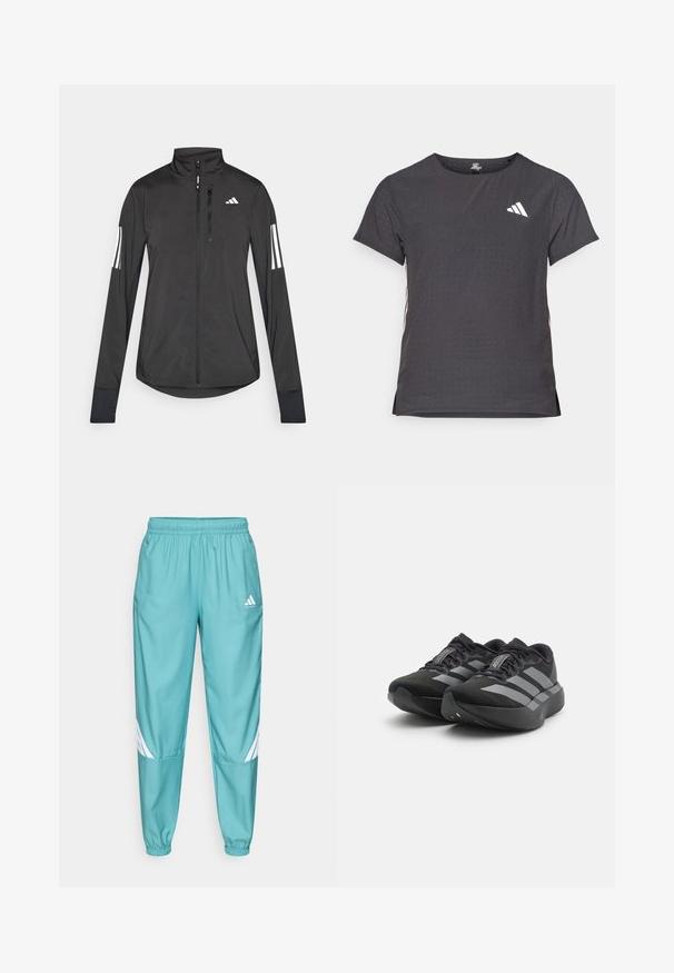 Juodas sportinis švarkas, pagamintas iš lengvos medžiagos. Yra priekinis užtrauktukas, aukšta apykaklė ir trys baltos juostos kiekviename rankovėje.; Trumpas rankovėmis sportinis marškinėlis, tamsiai pilkas, su perforuota tekstūra. Yra baltas logotipas ir kontrastingos šoninės juostos. Iškirptė suapvalinta.; Mėlynos sportinės kelnės su elastingu juosmeniu, turinčios baltas diagrines juosteles ant apatinių kojų ir šonines kišenes. Pagamintos iš lengvos medžiagos.; Juodos Adidas Adizero bėgimo bateliai su pilkomis juostelėmis, storais padu ir raišteliais ant baltos fono.