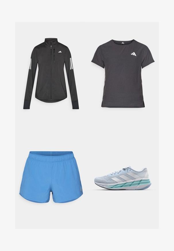 Chaqueta deportiva negra hecha de material ligero. Cuenta con una cremallera frontal, un cuello alto y tres franjas blancas en cada manga.; Camiseta atlética de manga corta, gris oscuro con textura perforada. Presenta un logo blanco y rayas laterales en contraste. Escote redondeado.; Pantalones cortos deportivos azules hechos de tejido transpirable, con una cintura elástica y un acabado suave. Textura perforada para ventilación.; Zapatillas deportivas azul claro con un upper de punto texturizado, acentos blancos y una suela intermedia verde transparente. Punta redondeada y cuello acolchado.