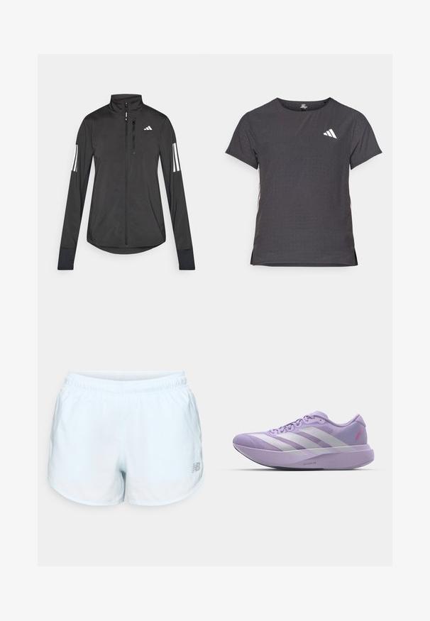 Must mustriga mustrin, millel on esiküljel lukuga, kõrge krae ja igal varrukal kolm valget triipu.; Lühikese varrukaga sportlik T-särk, tumehall, perforatsiooni tekstuuriga. Omab valget logo ja kontrastset külgtriipu. Ümar kaelus.; Heledad sinine spordilühikesed püksid elastse vöökoha, kumer hem, hõbedane logo detail alumisel paremal küljel, valmistatud kergest kangast.; Heledad lilla jooksujalats, millel on võrksisus, valge kolmerealine disain, tekstureeritud viimistlus ja paks vahtkeskosa, millel on silt "LIGHTSTRIKE PRO".