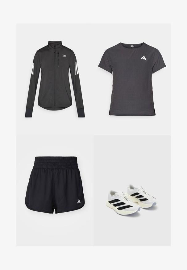 Zwarte sportjack gemaakt van lichtgewicht materiaal. Voorzien van een ritssluiting aan de voorkant, hoge kraag en drie witte strepen op elke mouw.; Korte mouwen sport t-shirt, donkergrijs met geperforeerde textuur. Bevat een wit logo en contrasterende zijstrepen. Ronde halslijn.; Zwarte sportieve shorts met een elastische, gerimpelde tailleband en een wit logo-accent aan de onderzijde rechts. Glad, lichtgewicht materiaal.; Witte sportieve schoenen met zwarte strepen en branding, met een bovenkant van mesh, een ronde neus en een dikke crème zool voor demping.