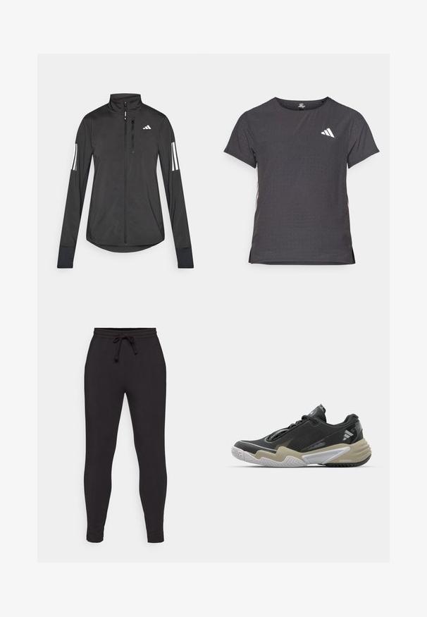 Jaqueta atlética preta feita de material leve. Apresenta um fecho frontal, colarinho alto e três riscas brancas em cada manga.; T-shirt atlético de mangas curtas, cinza escuro com textura perfurada. Apresenta um logo branco e riscas laterais contrastantes. Decote arredondado.; Calças de fato pretas feitas de tecido suave, com um cinturão elástico e cordão, pernas ajustadas e detalhes nas costuras laterais.; Sapatilha desportiva preta e bege com parte superior texturizada, design de sola proeminente, acabamentos refletivos e sistema de atacadores. Construção leve.