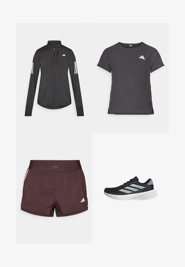 Musta urheilutakki, joka on valmistettu kevyestä materiaalista. Ominaisuuksiin kuuluu etuvetoketju, korkea kaulus ja kolme valkoista raitaa joka hihassa.; Lyhythihainen urheilupaita, tummanharmaa, jossa on reikäkudot. Ominaisuuksina valkoinen logo ja kontrastiväriset sivusuunnat. Pyöreä pääntie.; Ruskeat urheilushortsit, joissa on teksturoitu joustoreuna. Sivuilla valkoiset raidat ja alakulmassa pieni logo.; Musta juoksukenkä, jossa on verkko-osa ylhäällä, kolme hopeista raitaa, valkoinen välipohja ja teksturoitu pohja. Varustettu pehmustetulla nilkkaremmeillä ja nauhakiinnityksellä.