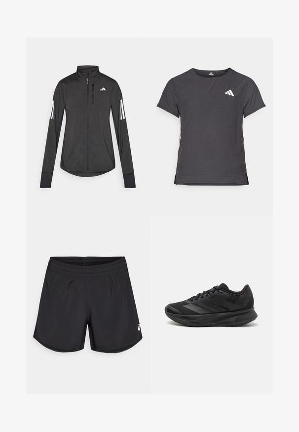 Black athletic jacket made of lightweight material. Features a front zipper, high collar, and three white stripes on each sleeve.; Short-sleeve athletic t-shirt, dark gray with perforated texture. Features a white logo and contrasting side stripes. Rounded neckline.; Black athletic shorts with an elastic waistband, smooth texture, and subtle side slits. Features a small white logo on the lower right side.; Black running shoe with a breathable mesh upper, rounded toe, sleek design, textured accents, and a cushioned sole for comfort.