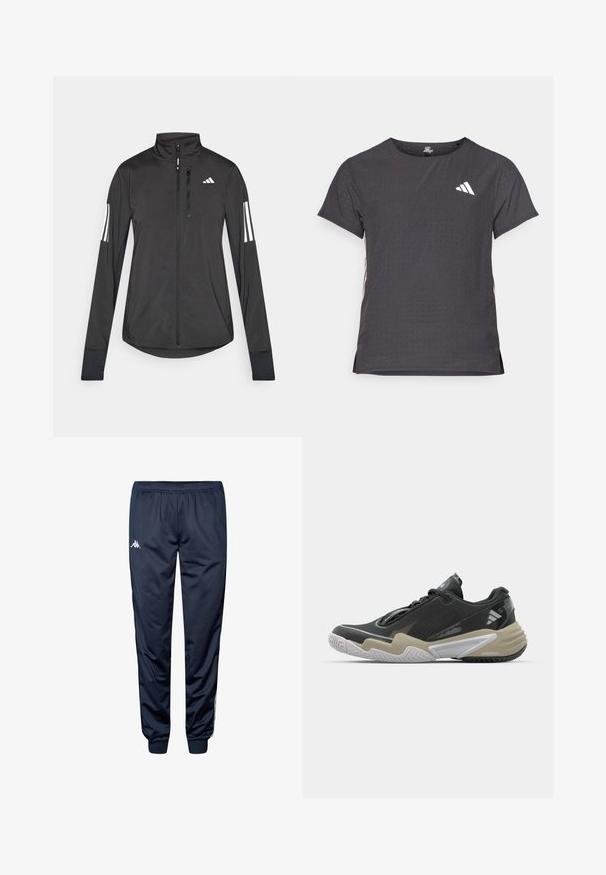 Czarna sportowa kurtka wykonana z lekkiego materiału. Posiada zamek błyskawiczny z przodu, wysoki kołnierz oraz trzy białe paski na każdym rękawie.; Koszulka sportowa z krótkim rękawem, ciemnoszara z perforowaną teksturą. Posiada białe logo oraz kontrastowe paski po bokach. Okrągły dekolt.; Granatowe spodnie sportowe z elastycznym paskiem w talii, zwężanymi nogawkami i białym logo Kappa na górnej lewej nodze.; Czarno-beżowe buty sportowe z teksturowaną cholewką, wyraźnym projektem podeszwy, odblaskowymi akcentami i systemem sznurowania. Lekka konstrukcja.