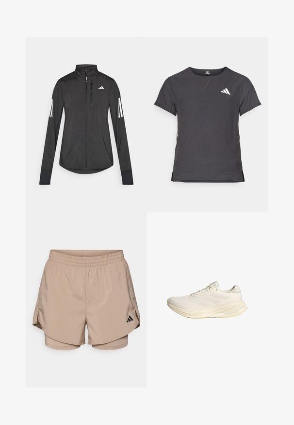 Črna športna jakna iz lahkega materiala. Ima sprednji zadrgo, visok ovratnik in tri bele črte na vsaki rokavi.; Kratka športna majica s kratkimi rokavi, temno siva z perforirano teksturo. Ima bel logotip in kontrastne stranske črte. Okrogel ovratnik.; Bež športne kratke hlače z elastičnim pasom, z bočnimi razporki in notranjimi hlačami. Črn logotip Adidas na spodnji levi strani. Gladka tekstura tkanine.; Svetlo bež športni copat z mrežno zgornjico, ravnimi vezalkami in oblazinjenim podplatom. Ima zasnovo s tremi črtami na bočni strani.