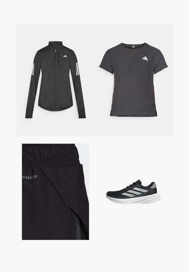 Musta urheilutakki, joka on valmistettu kevyestä materiaalista. Ominaisuuksiin kuuluu etuvetoketju, korkea kaulus ja kolme valkoista raitaa joka hihassa.; Lyhythihainen urheilupaita, tummanharmaa, jossa on reikäkudot. Ominaisuuksina valkoinen logo ja kontrastiväriset sivusuunnat. Pyöreä pääntie.; adidas Performance CLUB TENNIS - Urheilushortsit - black; Musta juoksukenkä, jossa on verkko-osa ylhäällä, kolme hopeista raitaa, valkoinen välipohja ja teksturoitu pohja. Varustettu pehmustetulla nilkkaremmeillä ja nauhakiinnityksellä.