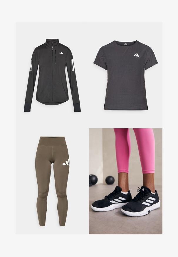 Jaqueta atlética preta feita de material leve. Apresenta um fecho frontal, colarinho alto e três riscas brancas em cada manga.; T-shirt atlético de mangas curtas, cinza escuro com textura perfurada. Apresenta um logo branco e riscas laterais contrastantes. Decote arredondado.; Leggings castanhas de cintura alta com uma textura suave, apresentando um logo branco da Adidas na coxa esquerda e um design até ao tornozelo.; Sapatos de treino pretos com riscas brancas, parte superior em malha texturizada e sola branca. Usados com leggings cor-de-rosa, destacando roupa de treino.