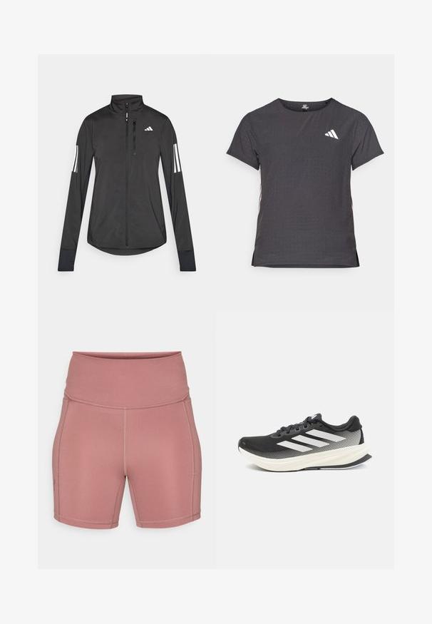 Jachetă sport neagră din material ușor. Are un fermoar frontal, guler înalt și trei dungi albe pe fiecare manșon.; Tricou athletic cu mânecă scurtă, gri închis, cu textură perforată. Prezentă un logo alb și dungi contrastante pe laterale. Guler rotunjit.; Under Armour MIDDIE SHORT - Leggings - maroon mist/dark maroon; Pantofel sport negru cu plasă pe partea superioară, accente albe și o talpă intermediară albă groasă. Dispune de șireturi și un design de profil redus.