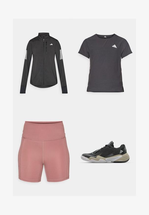 Zwarte sportjack gemaakt van lichtgewicht materiaal. Voorzien van een ritssluiting aan de voorkant, hoge kraag en drie witte strepen op elke mouw.; Korte mouwen sport t-shirt, donkergrijs met geperforeerde textuur. Bevat een wit logo en contrasterende zijstrepen. Ronde halslijn.; Under Armour MIDDIE SHORT - Tights - maroon mist/dark maroon; Zwarte en beige sportieve schoen met een gestructureerde bovenkant, opvallend zoolontwerp, reflecterende accenten en vetersysteem. Lichtgewicht constructie.