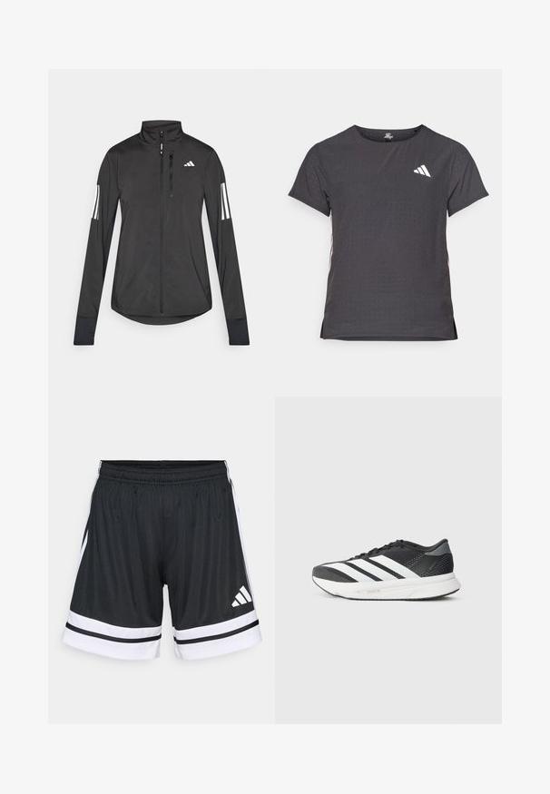 Černá atletická bunda vyrobená z lehkého materiálu. Má přední zip, vysoký límec a tři bílé pruhy na každém rukávu.; Kraťasový sportovní tričko, tmavě šedé barvy s perforovanou texturou. Obsahuje bílé logo a kontrastní boční pruhy. Kulatý výstřih.; Černé sportovní šortky s bílými pruhy a třemi vodorovnými pruhy na lemu. Elastický pás a bílé logo Adidas na levém stehně.; Černá sportovní obuv s bílými pruhy, síťovaným svrškem, polstrovanou podrážkou a elegantním designem. Akcenty šedé barvy na patě a jazyku.