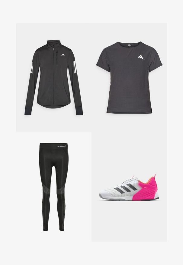 Chaqueta deportiva negra hecha de material ligero. Cuenta con una cremallera frontal, un cuello alto y tres franjas blancas en cada manga.; Camiseta atlética de manga corta, gris oscuro con textura perforada. Presenta un logo blanco y rayas laterales en contraste. Escote redondeado.; Leggings atléticos negros con cintura alta, tejido texturizado y patrones a rayas a lo largo de los costados para un detalle adicional.; Zapatilla deportiva blanca con rayas grises, parte superior de malla y talón y acentos en rosa. Presenta un talón texturizado y una suela de goma. Cuerdas y collar acolchado.