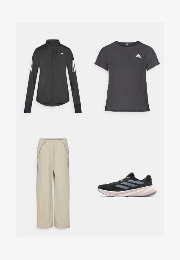 Must mustriga mustrin, millel on esiküljel lukuga, kõrge krae ja igal varrukal kolm valget triipu.; Lühikese varrukaga sportlik T-särk, tumehall, perforatsiooni tekstuuriga. Omab valget logo ja kontrastset külgtriipu. Ümar kaelus.; Beežid, kerged püksid elastse vöökohtaga, küljetaskud ja kontrastse musta õmbluse detailid. Sirge jala disain, sile tekstuur.; Musts jooksujalanõud, millel on võrgusilmast ülemine osa, heledad lillad aktsendid ja kolm horisontaalset halli triipu. Omab mugavat polsterdatud tallat.