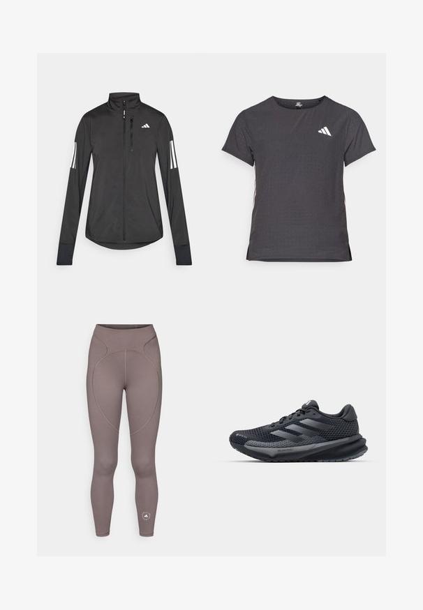 Black athletic jacket made of lightweight material. Features a front zipper, high collar, and three white stripes on each sleeve.; Short-sleeve athletic t-shirt, dark gray with perforated texture. Features a white logo and contrasting side stripes. Rounded neckline.; adidas by Stella McCartney Leggings - charcoal; Black athletic shoe with a textured mesh upper, reflective accents, cushioned sole, and a streamlined design. Features three stripe logo.