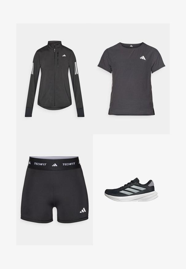 Musta urheilutakki, joka on valmistettu kevyestä materiaalista. Ominaisuuksiin kuuluu etuvetoketju, korkea kaulus ja kolme valkoista raitaa joka hihassa.; Lyhythihainen urheilupaita, tummanharmaa, jossa on reikäkudot. Ominaisuuksina valkoinen logo ja kontrastiväriset sivusuunnat. Pyöreä pääntie.; Mustat urheilushortsit leveällä "TECHFIT"-vyötäröllä. Ominaisuuksiin kuuluu sileä rakenne ja valkoinen logo vasemmassa alareunassa.; Musta juoksukenkä, jossa on verkko-osa ylhäällä, kolme hopeista raitaa, valkoinen välipohja ja teksturoitu pohja. Varustettu pehmustetulla nilkkaremmeillä ja nauhakiinnityksellä.