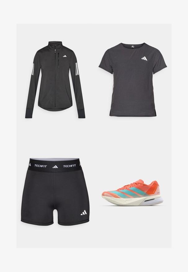 Black athletic jacket made of lightweight material. Features a front zipper, high collar, and three white stripes on each sleeve.; Short-sleeve athletic t-shirt, dark gray with perforated texture. Features a white logo and contrasting side stripes. Rounded neckline.; Black athletic shorts with a wide waistband labeled "TECHFIT." Features a smooth texture and a white logo on the lower left side.; Running shoe with a breathable mesh upper in coral and aqua, featuring three stripes, a cushioned sole, and a sleek design.