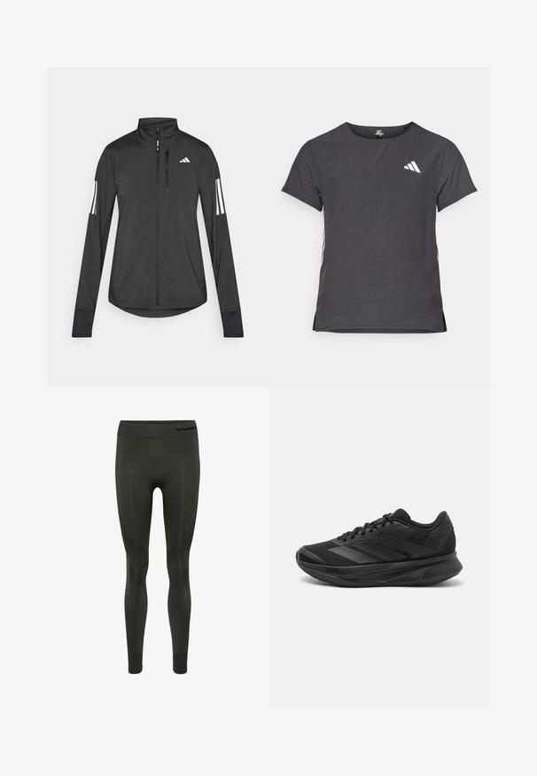 Czarna sportowa kurtka wykonana z lekkiego materiału. Posiada zamek błyskawiczny z przodu, wysoki kołnierz oraz trzy białe paski na każdym rękawie.; Koszulka sportowa z krótkim rękawem, ciemnoszara z perforowaną teksturą. Posiada białe logo oraz kontrastowe paski po bokach. Okrągły dekolt.; Ciemnozielone legginsy wykonane z elastycznego materiału, z prążkowanym pasem w talii i delikatnymi, teksturowanymi wzorami po bokach.; Czarna sportowa buty do biegania z oddychającą siateczką, zaokrąglonym noskiem, eleganckim designem, teksturowanymi akcentami oraz amortyzowaną podeszwą dla wygody.