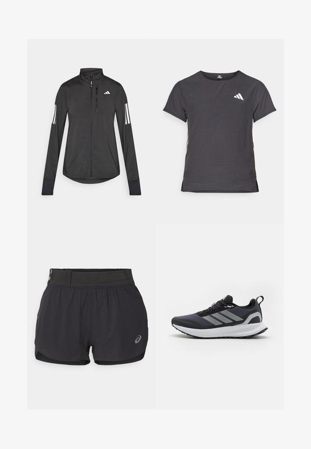 Black athletic jacket made of lightweight material. Features a front zipper, high collar, and three white stripes on each sleeve.; Short-sleeve athletic t-shirt, dark gray with perforated texture. Features a white logo and contrasting side stripes. Rounded neckline.; Black running shorts with a mesh waistband, featuring a smooth texture, short length, and a small logo on the lower right side.; Black athletic shoe with mesh upper, white midsole, textured rubber outsole, and three grey stripes on the side. Features laces and a pull tab.