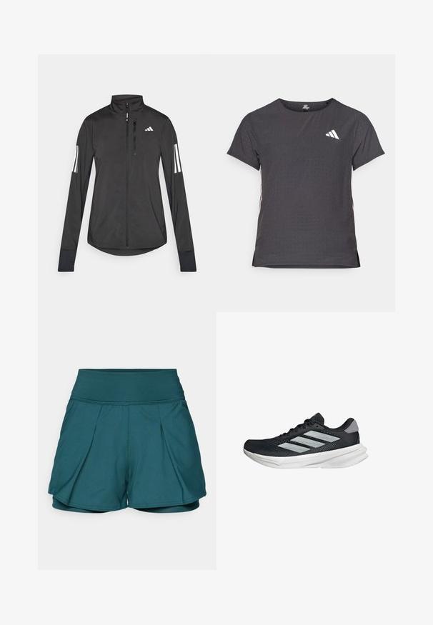 Svart idrottsjacka i lätt material. Har en framzipper, hög krage och tre vita ränder på varje ärm.; Kortärmad atletisk t-shirt, mörkgrå med perforerad textur. Har en vit logotyp och kontrasterande sidostripes. Rundad halsringning.; Turkosa träningsshorts med hög midja, som har veck, en mjuk textur och ett ventilerande material. Lämplig för aktiv träning.; Svart löparskor med meshtopp, tre silverränder, vit mellansula och strukturerad sula. Har vadderad krage och snörning.