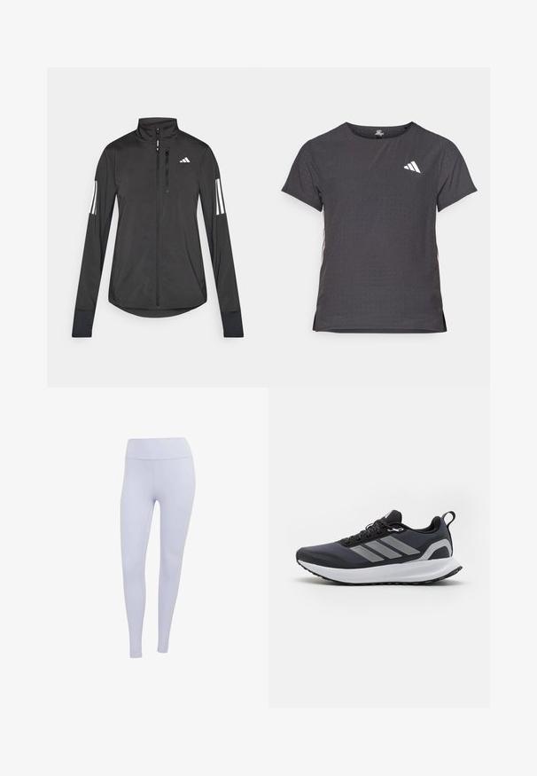 Jachetă sport neagră din material ușor. Are un fermoar frontal, guler înalt și trei dungi albe pe fiecare manșon.; Tricou athletic cu mânecă scurtă, gri închis, cu textură perforată. Prezentă un logo alb și dungi contrastante pe laterale. Guler rotunjit.; Leggings de culoare violet deschis, dintr-un material elastic. Design cu talie înaltă, cu o textură fină și fără cusături sau modele vizibile.; Pantofii sport negri au un superior din plasă, o talpă intermediară albă, o talpă din cauciuc texturat și trei dungi gri pe lateral. Acestia dispun de șireturi și o bucată de prindere.