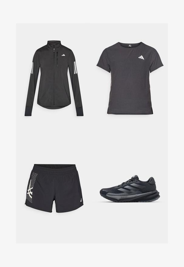 Black athletic jacket made of lightweight material. Features a front zipper, high collar, and three white stripes on each sleeve.; Short-sleeve athletic t-shirt, dark gray with perforated texture. Features a white logo and contrasting side stripes. Rounded neckline.; Black athletic shorts with an elastic waistband and a logo. Side features a design with white accents and a dotted pattern.; Black athletic shoe with a textured mesh upper, reflective accents, cushioned sole, and a streamlined design. Features three stripe logo.