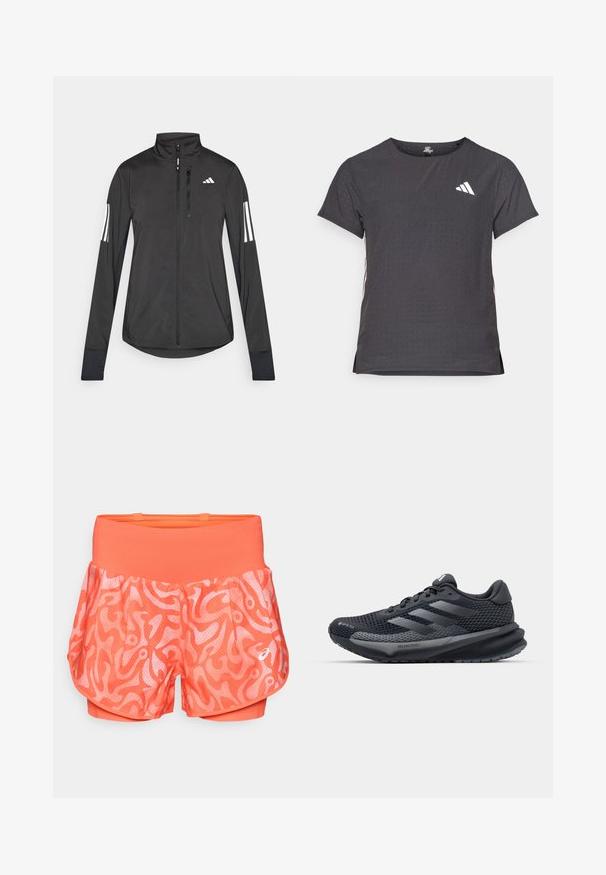 Black athletic jacket made of lightweight material. Features a front zipper, high collar, and three white stripes on each sleeve.; Short-sleeve athletic t-shirt, dark gray with perforated texture. Features a white logo and contrasting side stripes. Rounded neckline.; ASICS ROAD ALL OVER PRINT SHORT - 2-in-1 shorts - coral reef/light ube; Black athletic shoe with a textured mesh upper, reflective accents, cushioned sole, and a streamlined design. Features three stripe logo.