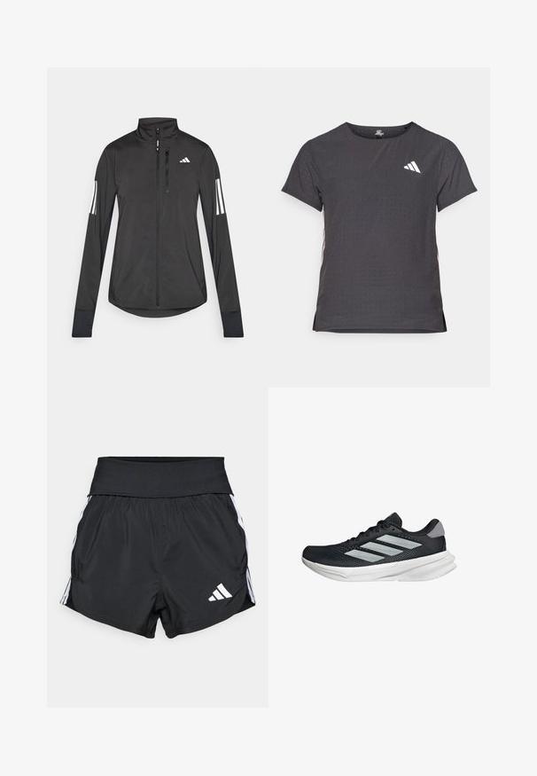 Schwarze Sportjacke aus leichtem Material. Mit einem Frontreißverschluss, hohem Kragen und drei weißen Streifen an jedem Ärmel.; Kurze Ärmel Sport-T-Shirt, dunkelgrau mit durchbrochener Textur. Enthält ein weißes Logo und kontrastierende Seitenstreifen. Runder Ausschnitt.; Schwarze Sportshorts aus leichtem Material mit einem breiten Bund, weißen Seitestreifen und einem kleinen weißen Logo am unteren Saum.; Schwarzer Laufschuh mit Mesh-Obermaterial, drei silbernen Streifen, weißer Zwischensohle und strukturiertem Außensohle. Verfügt über einen gepolsterten Schaft und eine Schnürung.