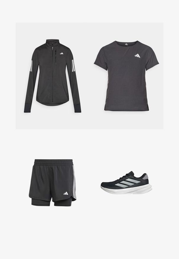 Musta urheilutakki, joka on valmistettu kevyestä materiaalista. Ominaisuuksiin kuuluu etuvetoketju, korkea kaulus ja kolme valkoista raitaa joka hihassa.; Lyhythihainen urheilupaita, tummanharmaa, jossa on reikäkudot. Ominaisuuksina valkoinen logo ja kontrastiväriset sivusuunnat. Pyöreä pääntie.; Mustat urheilushortsit, joissa on sisäkerros, joustava vyötärö ja valkoiset kolme raitaa sivuilla, pienellä valkoisella logolla. Sileä pinta.; Musta juoksukenkä, jossa on verkko-osa ylhäällä, kolme hopeista raitaa, valkoinen välipohja ja teksturoitu pohja. Varustettu pehmustetulla nilkkaremmeillä ja nauhakiinnityksellä.