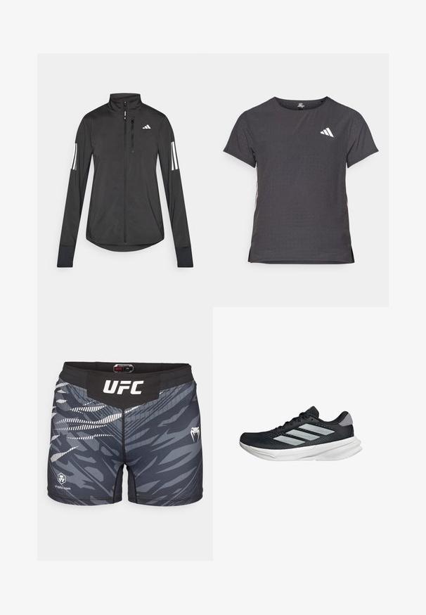 Čierna športová bunda vyrobená z ľahkého materiálu. Má zips vpredu, vysoký golier a tri biele pruhy na každom rukáve.; Tričko s krátkym rukávom pre šport, tmavosivé s perforovanou textúrou. Obsahuje biele logo a kontrastné bočné pruhy. Okrúhly výstrih.; Pánske tréningové šortky UFC v čiernej a sivej farbe s abstraktným vzorom, elastickým pásom a logom. Vyrobené z materiálu, ktorý odvádza vlhkosť.; Čierna behacia obuv s vrchnou časťou z priedušného materiálu, tromi striebornými pruhmi, bielou medzipodrážkou a textúrovanou podrážkou. Obsahuje polstrovaný golier a uzatváranie na šnúrky.