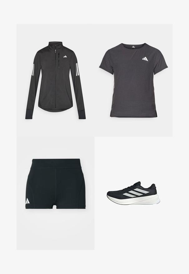 Zwarte sportjack gemaakt van lichtgewicht materiaal. Voorzien van een ritssluiting aan de voorkant, hoge kraag en drie witte strepen op elke mouw.; Korte mouwen sport t-shirt, donkergrijs met geperforeerde textuur. Bevat een wit logo en contrasterende zijstrepen. Ronde halslijn.; Zwarte sportieve shorts van rekbaar materiaal, met een hoge tailleband, aangesloten pasvorm en een wit Adidas-logo aan de linkerkant.; Zwarte sportschoen met een textuur bovenwerk, voorzien van drie witte strepen aan de zijkant en een witte tussenzool. Lichtgewicht ontwerp, gestroomlijnde vorm.