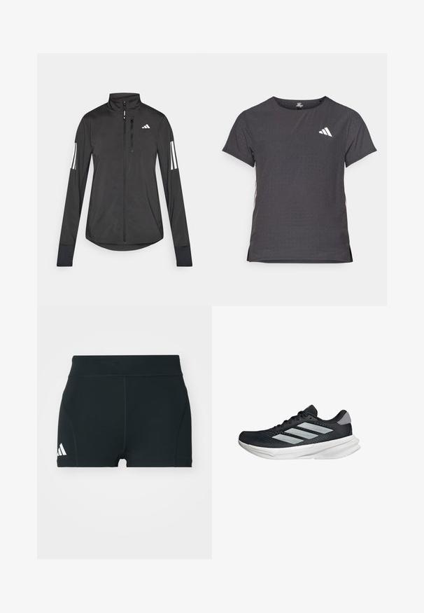 Svart idrottsjacka i lätt material. Har en framzipper, hög krage och tre vita ränder på varje ärm.; Kortärmad atletisk t-shirt, mörkgrå med perforerad textur. Har en vit logotyp och kontrasterande sidostripes. Rundad halsringning.; Svarta träningsshorts i stretchigt material, med hög midja, åtsittande passform och vitt Adidas-logga på vänster sida.; Svart löparskor med meshtopp, tre silverränder, vit mellansula och strukturerad sula. Har vadderad krage och snörning.