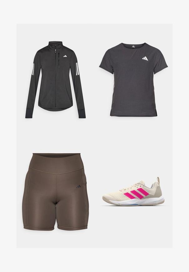 Veste de sport noire en matériau léger. Dotée d'une fermeture éclair sur le devant, d'un col haut et de trois rayures blanches sur chaque manche.; T-shirt de sport à manches courtes, gris foncé avec une texture perforée. Présente un logo blanc et des rayures latérales contrastantes. Encolure arrondie.; Shorts de sport bruns avec une texture lisse, une taille haute et des coutures foncées contrastées. Présente un petit logo noir sur le côté gauche.; Baskets de sport beiges avec un logo à trois bandes roses, tige en maille texturée, col rembourré et semelle en caoutchouc blanc, arborant le marquage "LIGHTSTRIKE".