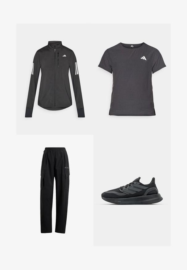 Jaqueta atlética preta feita de material leve. Apresenta um fecho frontal, colarinho alto e três riscas brancas em cada manga.; T-shirt atlético de mangas curtas, cinza escuro com textura perfurada. Apresenta um logo branco e riscas laterais contrastantes. Decote arredondado.; Calças cargo pretas com uma cintura elástica, dois bolsos laterais e um design de perna ligeiramente afunilada. Feitas de material leve.; Ténis atléticos pretos com parte superior em malha, painéis texturizados, detalhe de três riscas e sola curva identificada como "LIGHT BOOST."