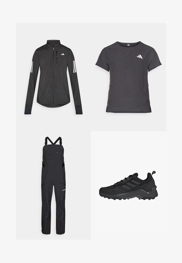 Svart idrottsjacka i lätt material. Har en framzipper, hög krage och tre vita ränder på varje ärm.; Kortärmad atletisk t-shirt, mörkgrå med perforerad textur. Har en vit logotyp och kontrasterande sidostripes. Rundad halsringning.; Svarta utomhus-bibbyxor med justerbara remmar, fickor med dragkedja och texturerade nederdelar. Tillverkade av slitstarkt, väderbeständigt material.; Svart atletisk sko med ett meshöverdel, tre-stripes design, formad häl och robust sula med framträdande greppknoppar.