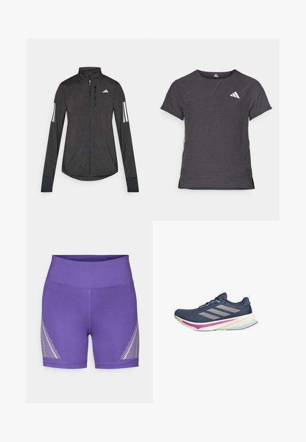 Must mustriga mustrin, millel on esiküljel lukuga, kõrge krae ja igal varrukal kolm valget triipu.; Lühikese varrukaga sportlik T-särk, tumehall, perforatsiooni tekstuuriga. Omab valget logo ja kontrastset külgtriipu. Ümar kaelus.; Lilla spordipüksid venivast kangast, kõrge vöökohaga ja vasakul küljel diagonaalse valge triibumustriga.; Tumesinine jooksujalats, millel on võrgusest pealmine osa, hõbedased triibud, mündirohelised aktsendid ja pehmendusega tald, millel on roosa ja türkiissinine detailidisain mugavuse tagamiseks.