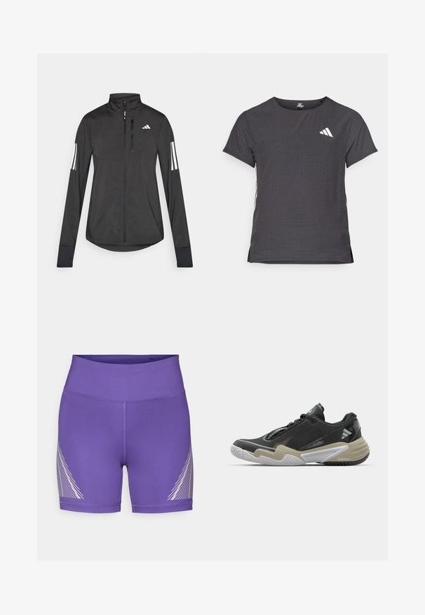 Black athletic jacket made of lightweight material. Features a front zipper, high collar, and three white stripes on each sleeve.; Short-sleeve athletic t-shirt, dark gray with perforated texture. Features a white logo and contrasting side stripes. Rounded neckline.; Purple athletic shorts made of stretch fabric with a high waistband and a diagonal white line pattern on the left side.; Black and beige athletic shoe with textured upper, prominent sole design, reflective accents, and lacing system. Lightweight construction.