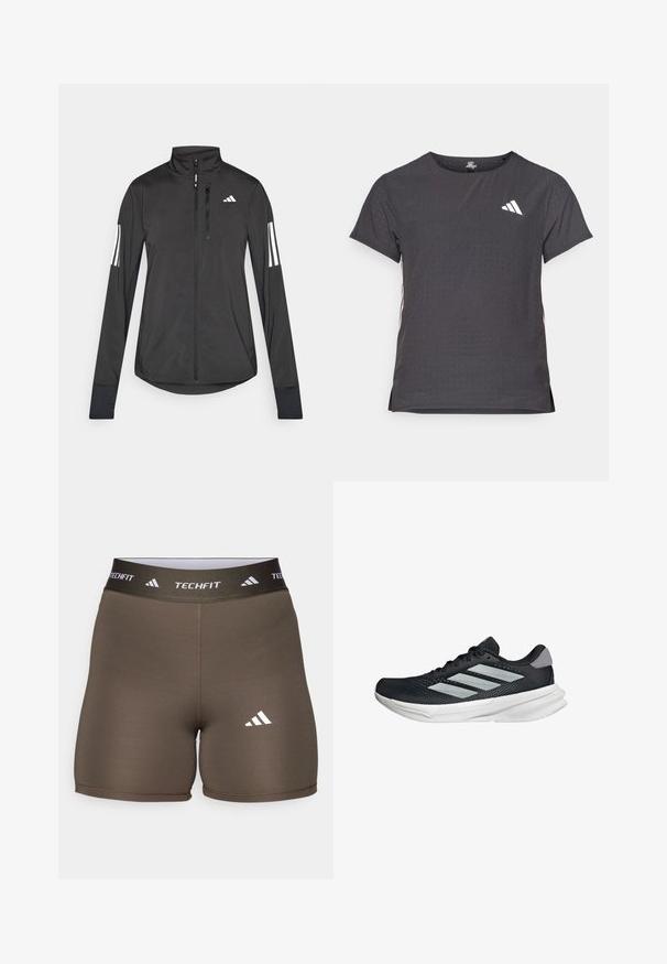 Giacchetto sportivo nero realizzato in materiale leggero. Presenta una chiusura frontale con zip, colletto alto e tre strisce bianche su ciascun manica.; T-shirt atletico a maniche corte, grigio scuro con texture perforata. Presenta un logo bianco e strisce laterali a contrasto. Girocollo.; adidas Performance TECHFIT SHORT - Leggings - shadow olive; Scarpa da corsa nera con tomaia in mesh, tre strisce argentate, intersuola bianca e suola testurizzata. Presenta un colletto imbottito e chiusura con lacci.