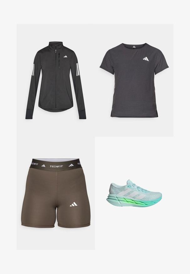 Črna športna jakna iz lahkega materiala. Ima sprednji zadrgo, visok ovratnik in tri bele črte na vsaki rokavi.; Kratka športna majica s kratkimi rokavi, temno siva z perforirano teksturo. Ima bel logotip in kontrastne stranske črte. Okrogel ovratnik.; adidas Performance TECHFIT SHORT - Pajkice - shadow olive; Svetlo modra tekaška obutev z teksturirano mrežasto zgornjico, tremi belimi črtami in solejem z zelenim odtenkom. Ima oblazinjen ovratnik in ravne vezalke.
