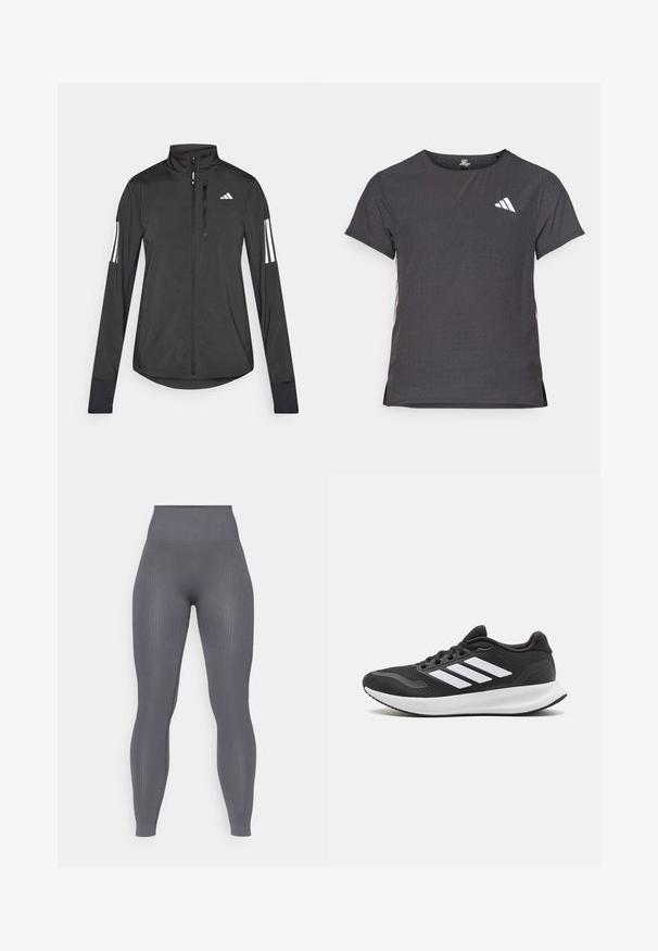 Black athletic jacket made of lightweight material. Features a front zipper, high collar, and three white stripes on each sleeve.; Short-sleeve athletic t-shirt, dark gray with perforated texture. Features a white logo and contrasting side stripes. Rounded neckline.; Gray ribbed leggings with a high waistband, fitted shape, and textured fabric. No visible patterns or hardware details.; Black athletic shoe featuring mesh upper, round toe, and three white stripes on the side. Lightweight sole with textured rubber outsole for grip.