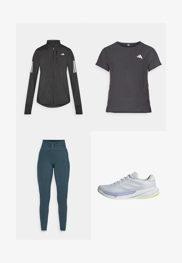 Czarna sportowa kurtka wykonana z lekkiego materiału. Posiada zamek błyskawiczny z przodu, wysoki kołnierz oraz trzy białe paski na każdym rękawie.; Koszulka sportowa z krótkim rękawem, ciemnoszara z perforowaną teksturą. Posiada białe logo oraz kontrastowe paski po bokach. Okrągły dekolt.; Legginsy z wysokim stanem w ciemnym odcieniu zieleni, z marszczonym detalem w pasie i gładką fakturą na całej długości nogawki. Brak wzorów i akcentów.; Białe buty sportowe z oddychającą siateczką, teksturowanym wzorem i lawendowym akcentem. Mają miękką podeszwę z zielonymi detalami na podeszwie.