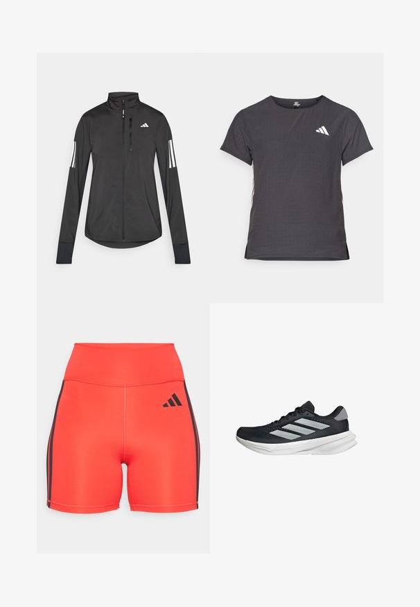 Black athletic jacket made of lightweight material. Features a front zipper, high collar, and three white stripes on each sleeve.; Short-sleeve athletic t-shirt, dark gray with perforated texture. Features a white logo and contrasting side stripes. Rounded neckline.; Bright red athletic shorts with a high waist, featuring black side stripes and an Adidas logo. Made of stretchy fabric for comfort.; Black running shoe with mesh upper, three silver stripes, white midsole, and textured outsole. Features padded collar and lace closure.