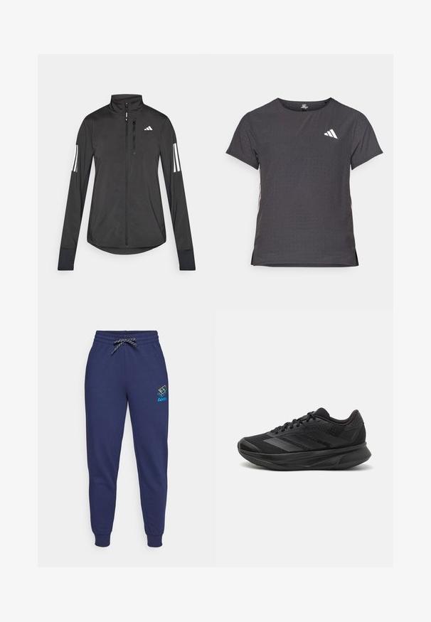 Schwarze Sportjacke aus leichtem Material. Mit einem Frontreißverschluss, hohem Kragen und drei weißen Streifen an jedem Ärmel.; Kurze Ärmel Sport-T-Shirt, dunkelgrau mit durchbrochener Textur. Enthält ein weißes Logo und kontrastierende Seitenstreifen. Runder Ausschnitt.; Dunkelblaue Jogginghose mit Kordelzugbund und Bündchen an den Knöcheln. Mit einem lebhaften Lotto-Logo auf dem linken Oberschenkel. Aus weichem Stoff gefertigt.; Schwarzer Laufschuh mit einem atmungsaktiven Mesh-Obermaterial, runder Zehenpartie, schlankem Design, strukturierten Akzenten und einer gepolsterten Sohle für Komfort.