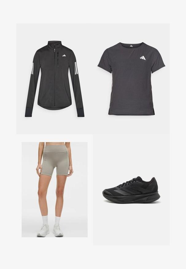 Czarna sportowa kurtka wykonana z lekkiego materiału. Posiada zamek błyskawiczny z przodu, wysoki kołnierz oraz trzy białe paski na każdym rękawie.; Koszulka sportowa z krótkim rękawem, ciemnoszara z perforowaną teksturą. Posiada białe logo oraz kontrastowe paski po bokach. Okrągły dekolt.; lululemon - Krótkie legginsy do biegania; Czarna sportowa buty do biegania z oddychającą siateczką, zaokrąglonym noskiem, eleganckim designem, teksturowanymi akcentami oraz amortyzowaną podeszwą dla wygody.