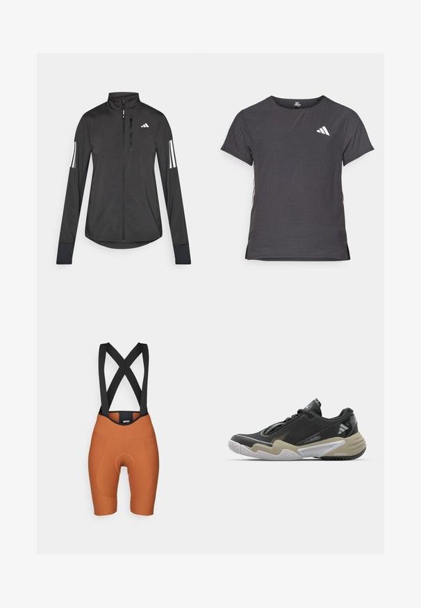 Black athletic jacket made of lightweight material. Features a front zipper, high collar, and three white stripes on each sleeve.; Short-sleeve athletic t-shirt, dark gray with perforated texture. Features a white logo and contrasting side stripes. Rounded neckline.; Orange bib shorts with black elastic straps, padded seat area, fitted design, and smooth texture. No visible logos or patterns.; Black and beige athletic shoe with textured upper, prominent sole design, reflective accents, and lacing system. Lightweight construction.