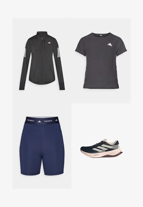 Svart idrottsjacka i lätt material. Har en framzipper, hög krage och tre vita ränder på varje ärm.; Kortärmad atletisk t-shirt, mörkgrå med perforerad textur. Har en vit logotyp och kontrasterande sidostripes. Rundad halsringning.; Marinblå idrottsshorts med en slät yta, elastisk midja med "TECHFIT" och tre ränder-logotyp, figursydd design, minimala sömmar.; Löparskor med en mörkblå meshövre, ljusbeige sula och vit tre-stripes design. Har en strömlinjeformad, aerodynamisk form och texturerade detaljer.